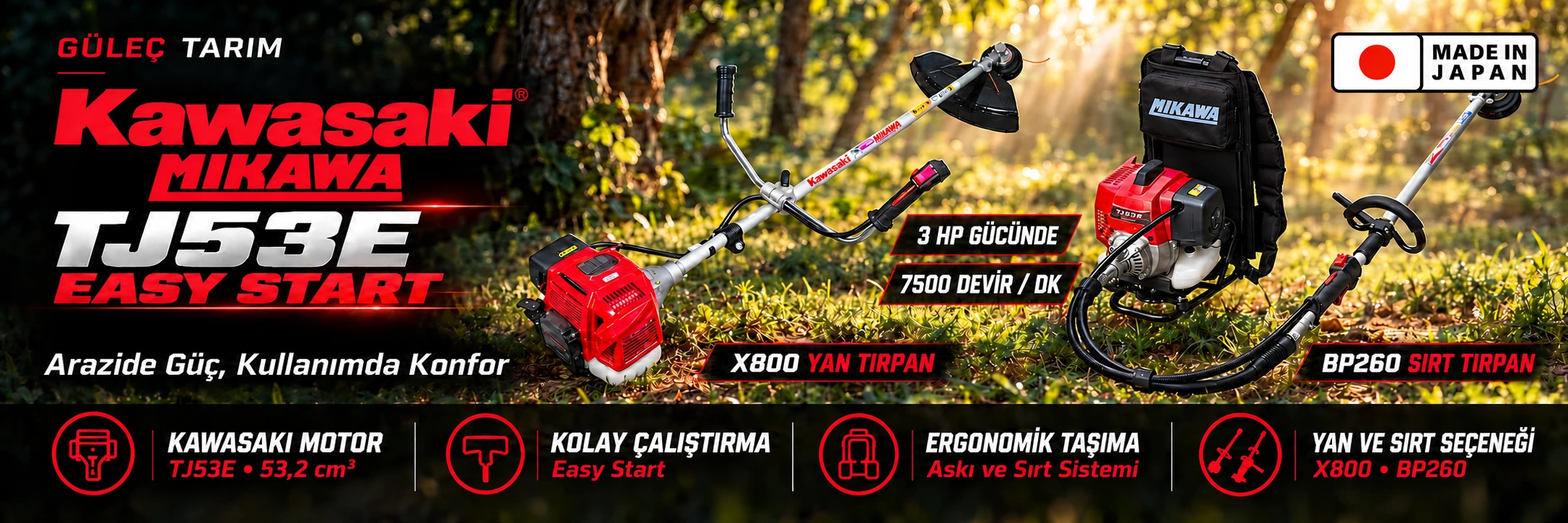 Kawasaki Mikawa TJ53E Easy Start X800 yan ve BP260 sırt tırpanları; 3 HP gücünde, 7500 devir/dk